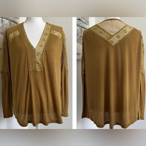 FREE PEOPLE Lola Lace Trim Long Sleeve Shirt Alchemy Mustard Yellow | Small
